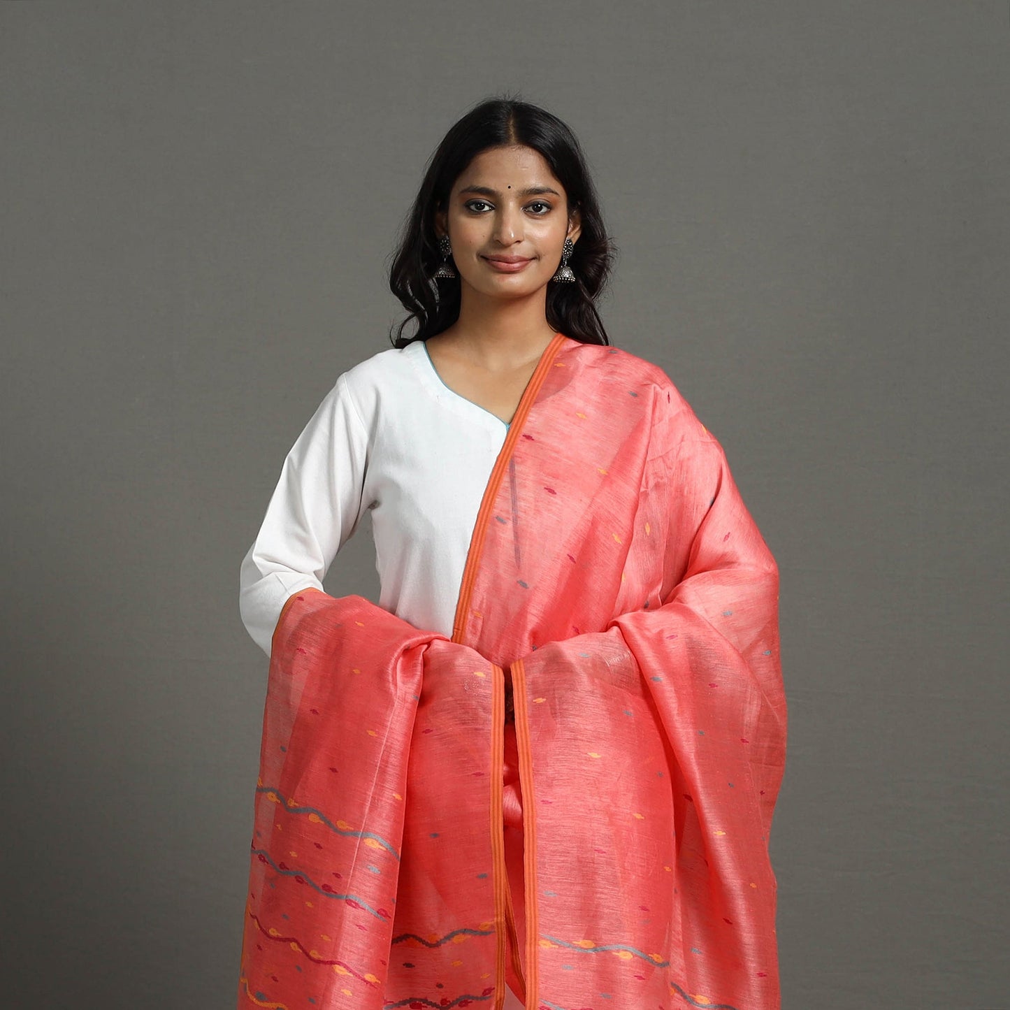 Peach - bengal tussar silk handloom dupatta with tassels 03