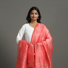 Peach - bengal tussar silk handloom dupatta with tassels 03