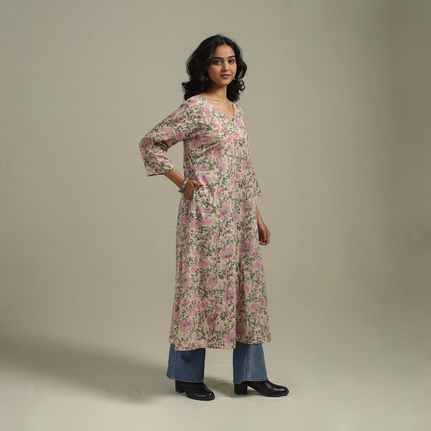 Peach - cotton a-line sanganeri kurta 13 - handcrafted