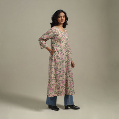 Peach - cotton a-line sanganeri kurta 13 - handcrafted