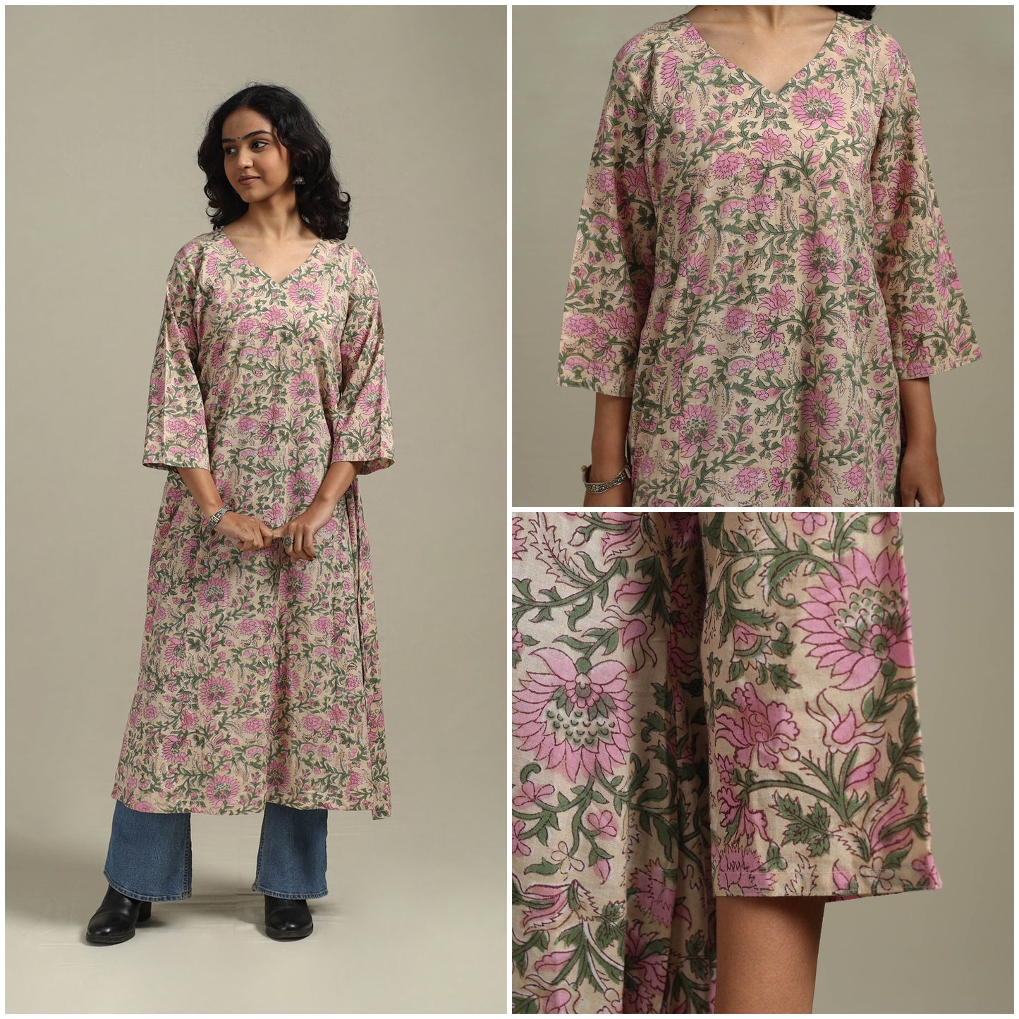 Peach - cotton a-line sanganeri kurta 13 - handcrafted