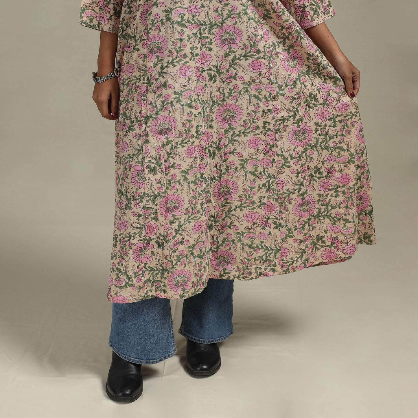 Peach - cotton a-line sanganeri kurta 13 - handcrafted