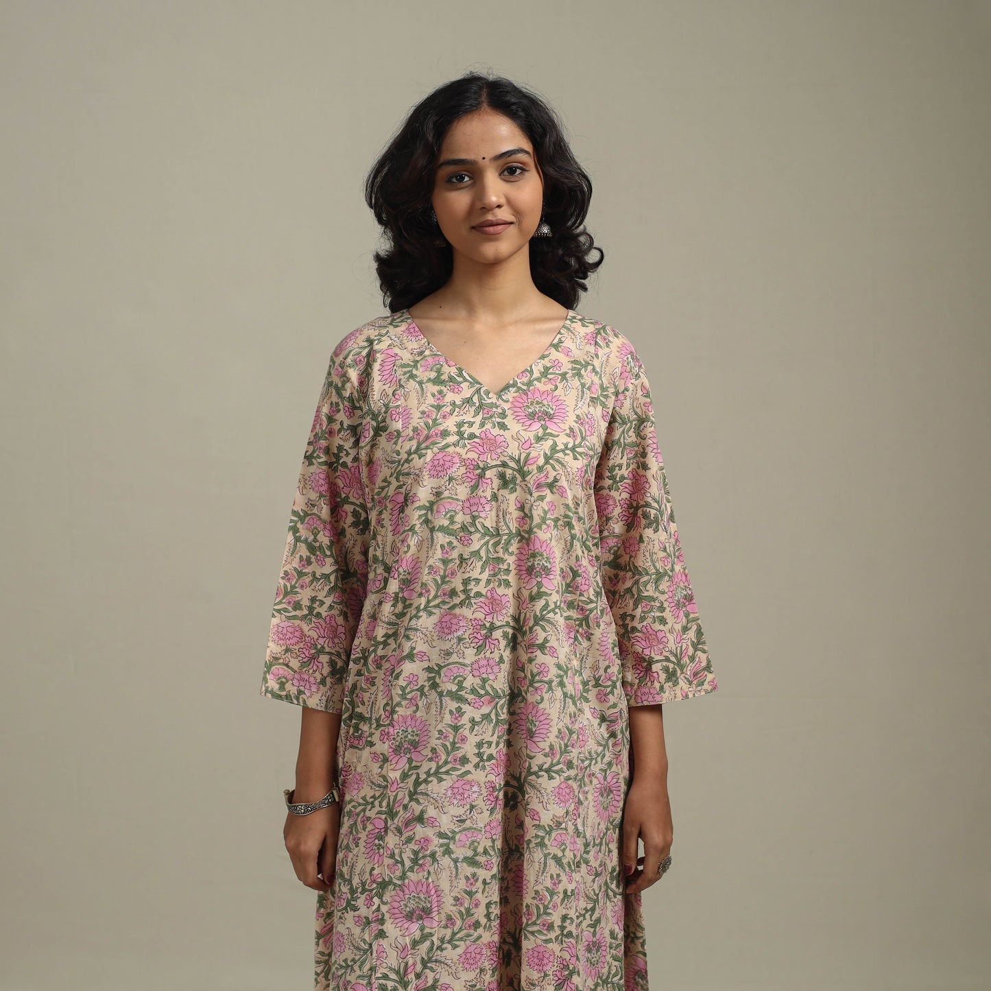 Peach - cotton a-line sanganeri kurta 13 - handcrafted