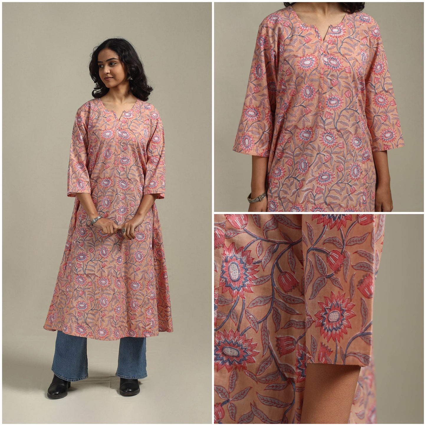Peach - cotton a-line sanganeri kurta 28 - handcrafted