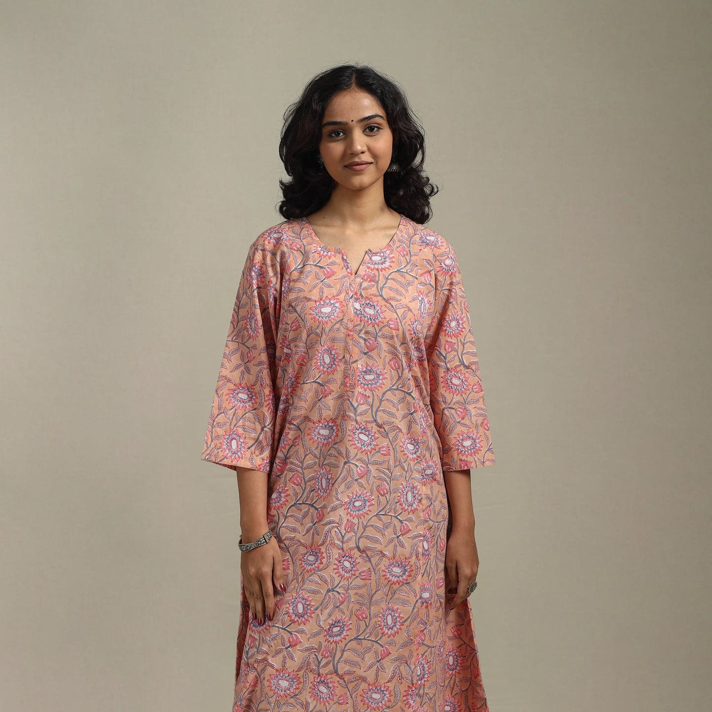 Peach - cotton a-line sanganeri kurta 28 - handcrafted
