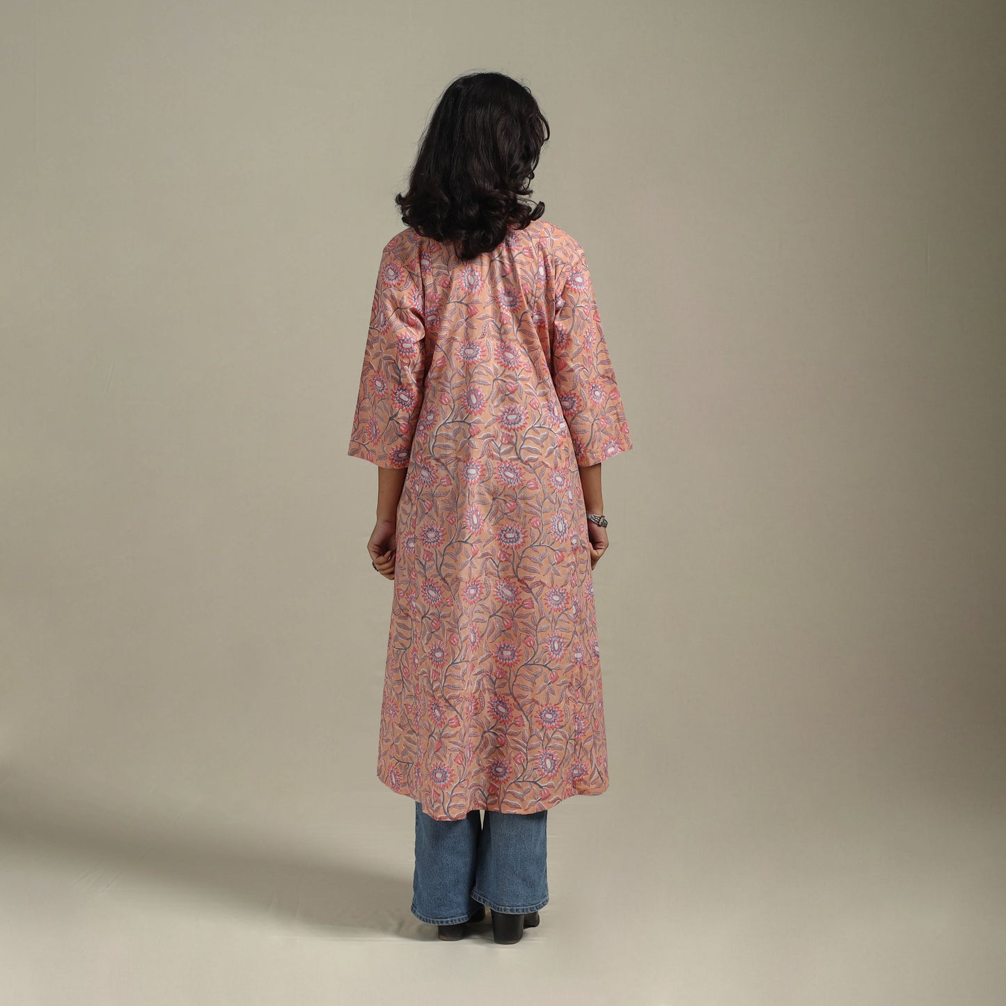 Peach - cotton a-line sanganeri kurta 28 - handcrafted