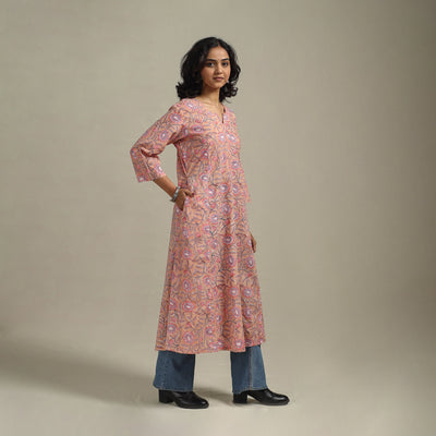 Peach - cotton a-line sanganeri kurta 28 - handcrafted