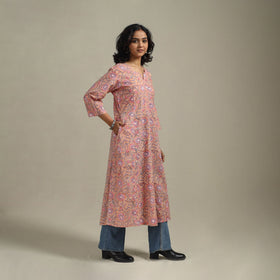 Peach - cotton a-line sanganeri kurta 28 - handcrafted