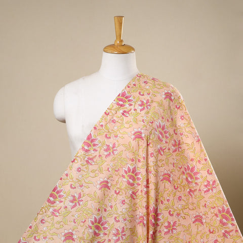Peach Block Print Cotton Sanganeri Fabric