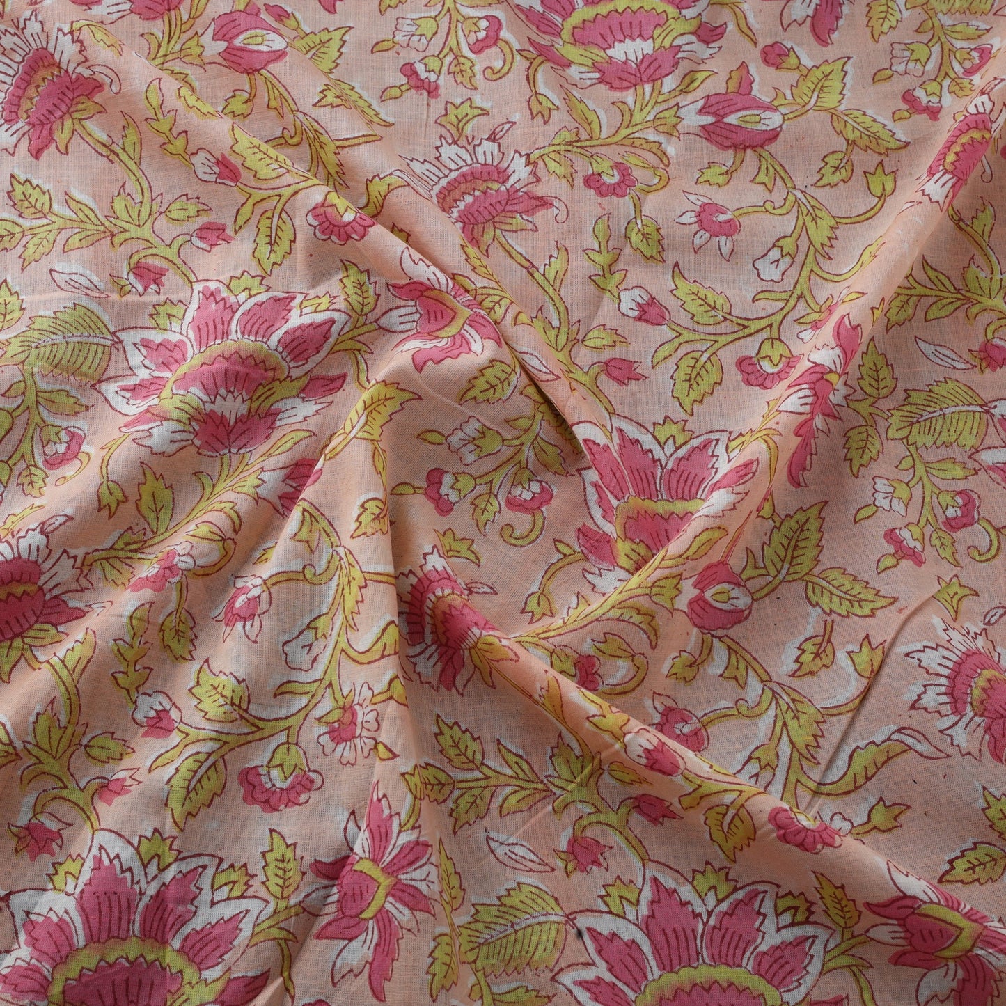 Peach Block Print Cotton Sanganeri Fabric