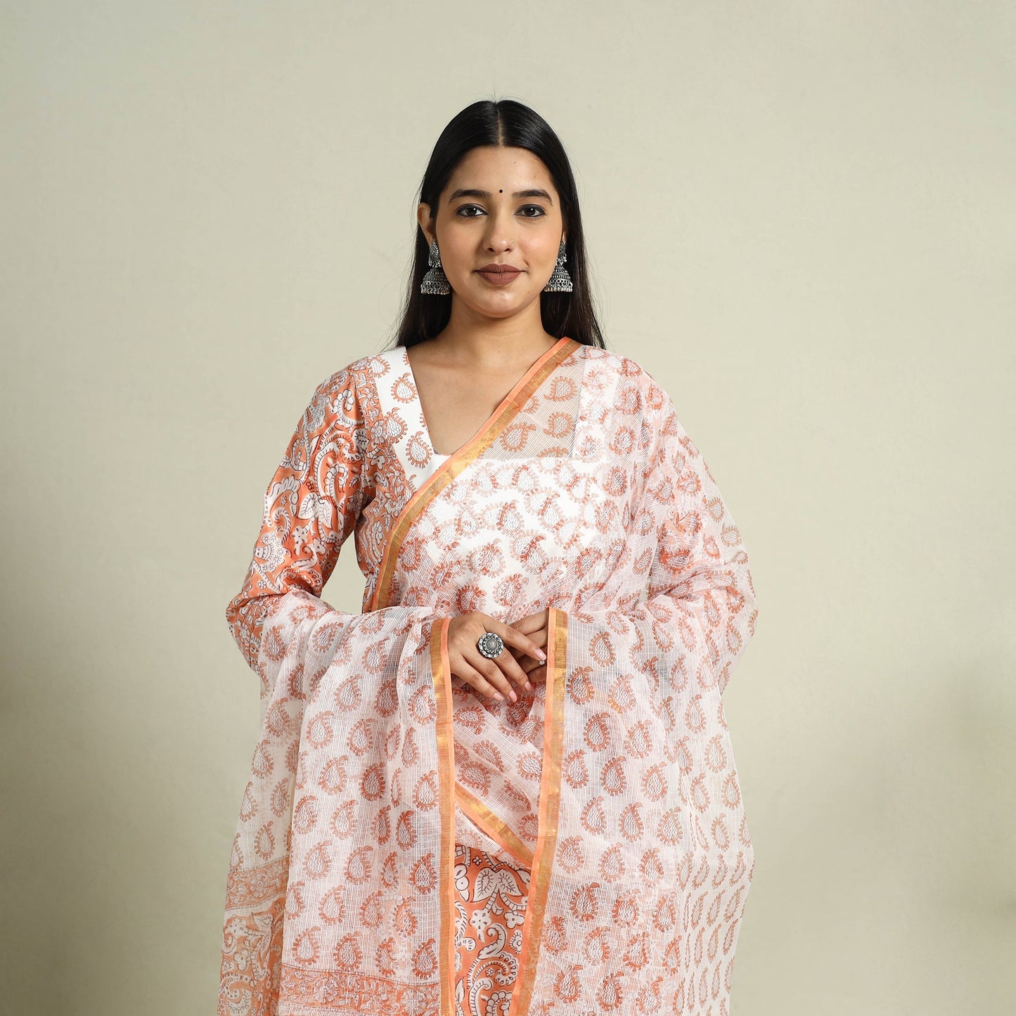  Peach Block Print Cotton Sanganeri Kurta Set