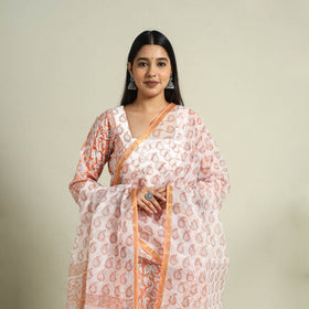  Peach Block Print Cotton Sanganeri Kurta Set
