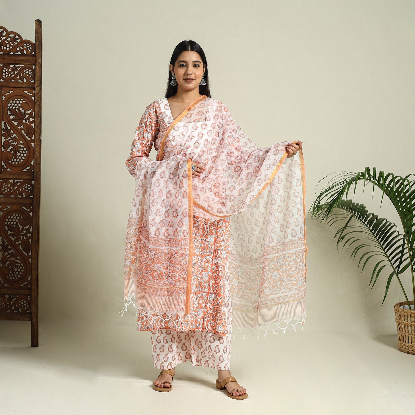  Peach Block Print Cotton Sanganeri Kurta Set