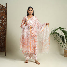  Peach Block Print Cotton Sanganeri Kurta Set