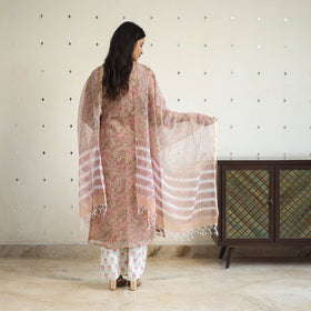 Peach Block Print Kota Doria Cotton Sanganeri Kurta Set (Set of 3) 