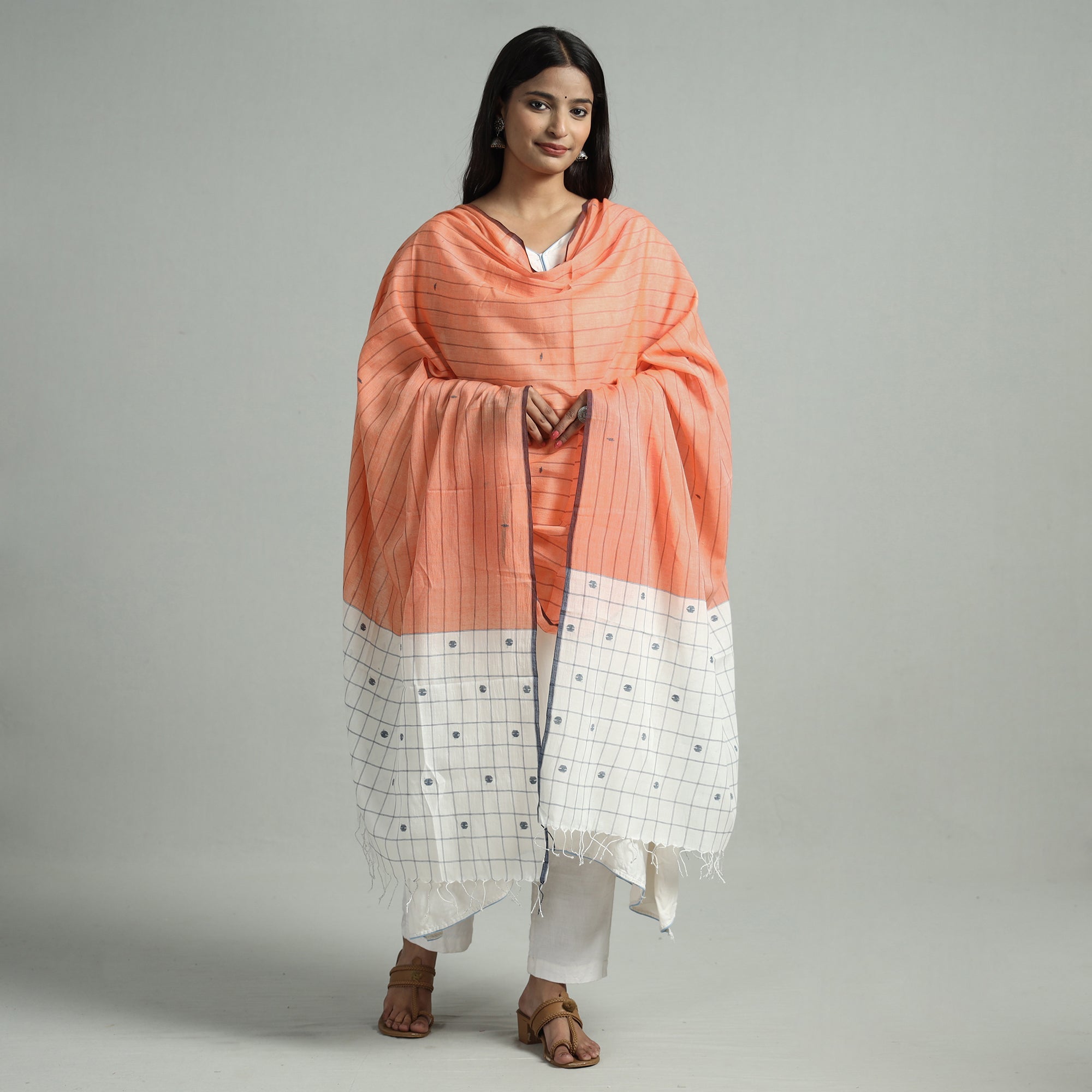 Yellow - Burdwan Jamdani Buti Handloom Cotton Stole with Tassels