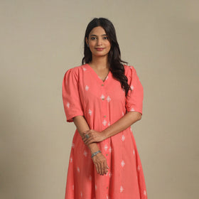 Peach - button down cotton jacquard dress 01 - handcrafted