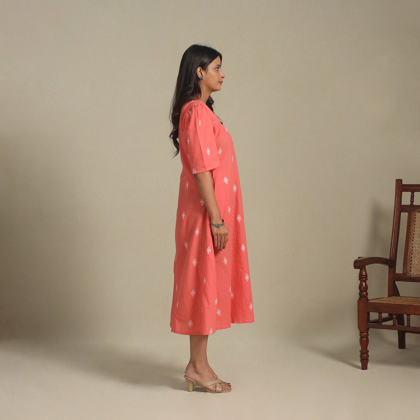 Peach - button down cotton jacquard dress 01 - handcrafted