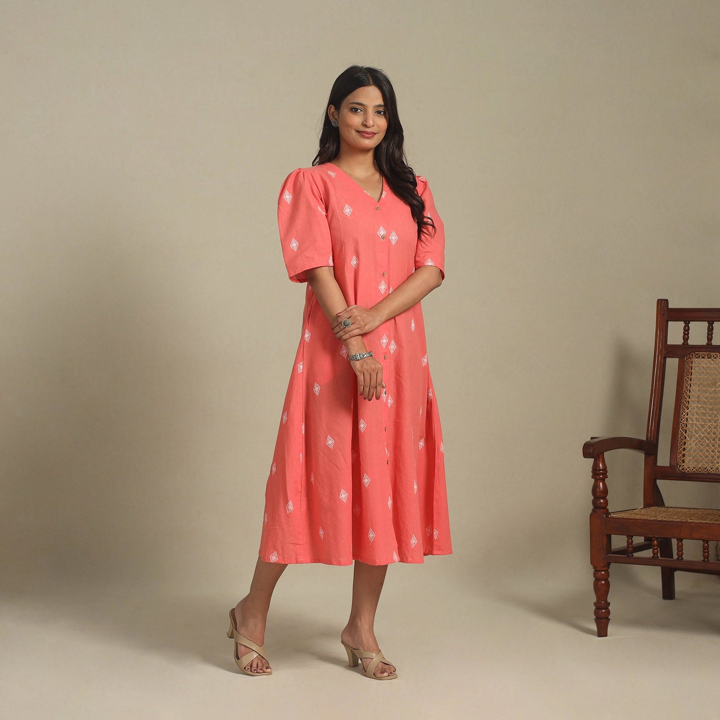 Peach - button down cotton jacquard dress 01 - handcrafted