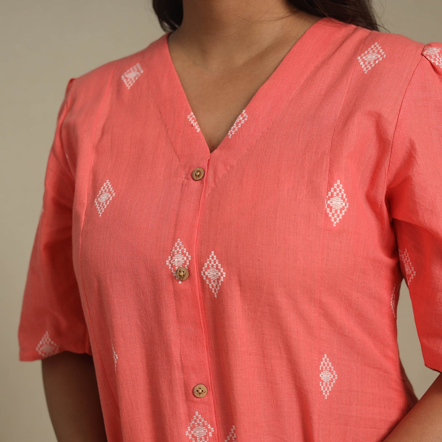Peach - button down cotton jacquard dress 01 - handcrafted