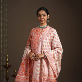 Peach - chanderi silk sanganeri kurta set (set of 3) 18
