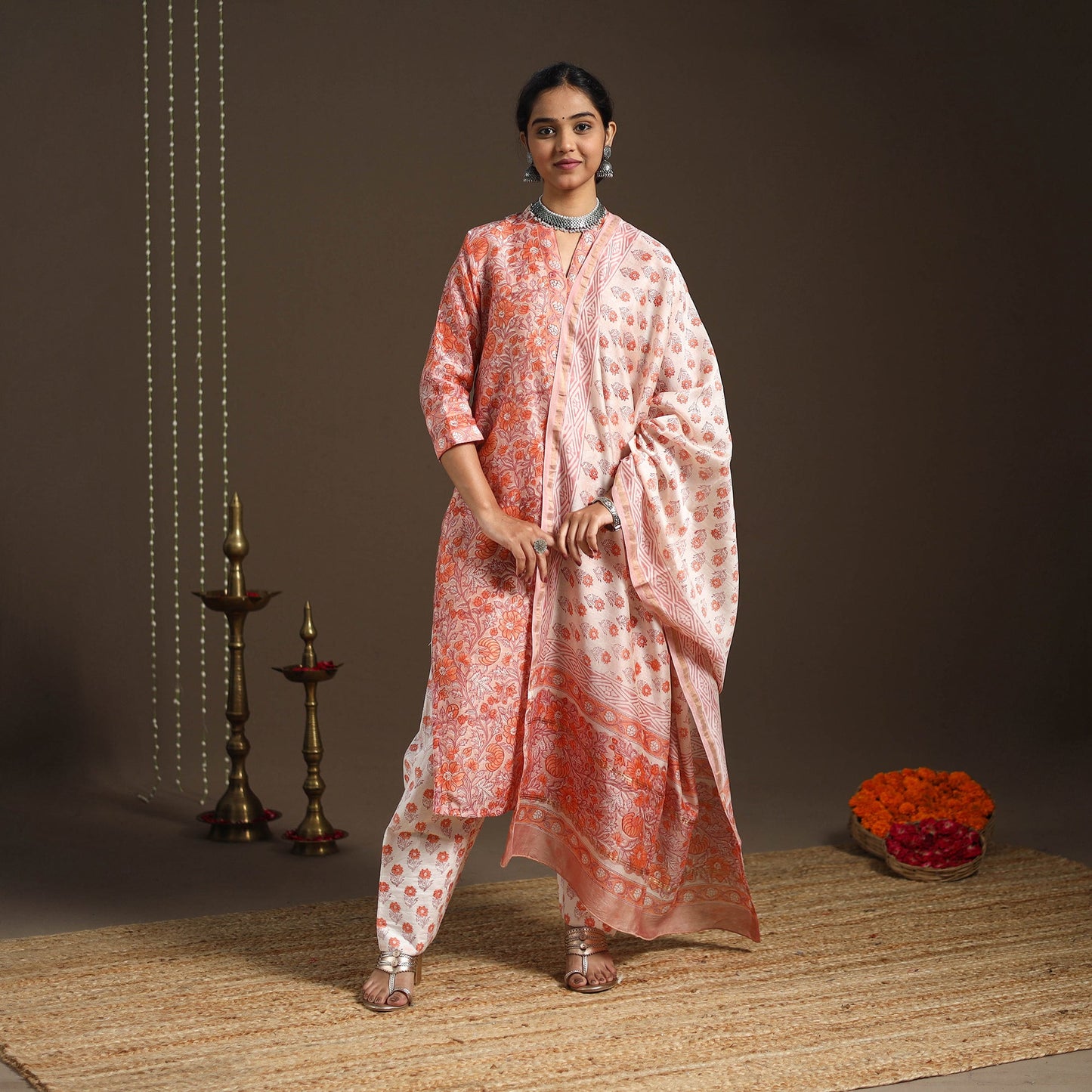 Peach - chanderi silk sanganeri kurta set (set of 3) 18