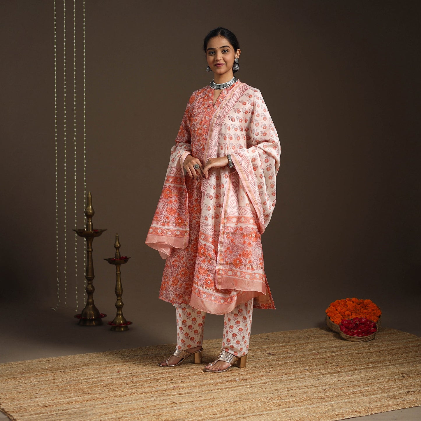 Peach - chanderi silk sanganeri kurta set (set of 3) 18