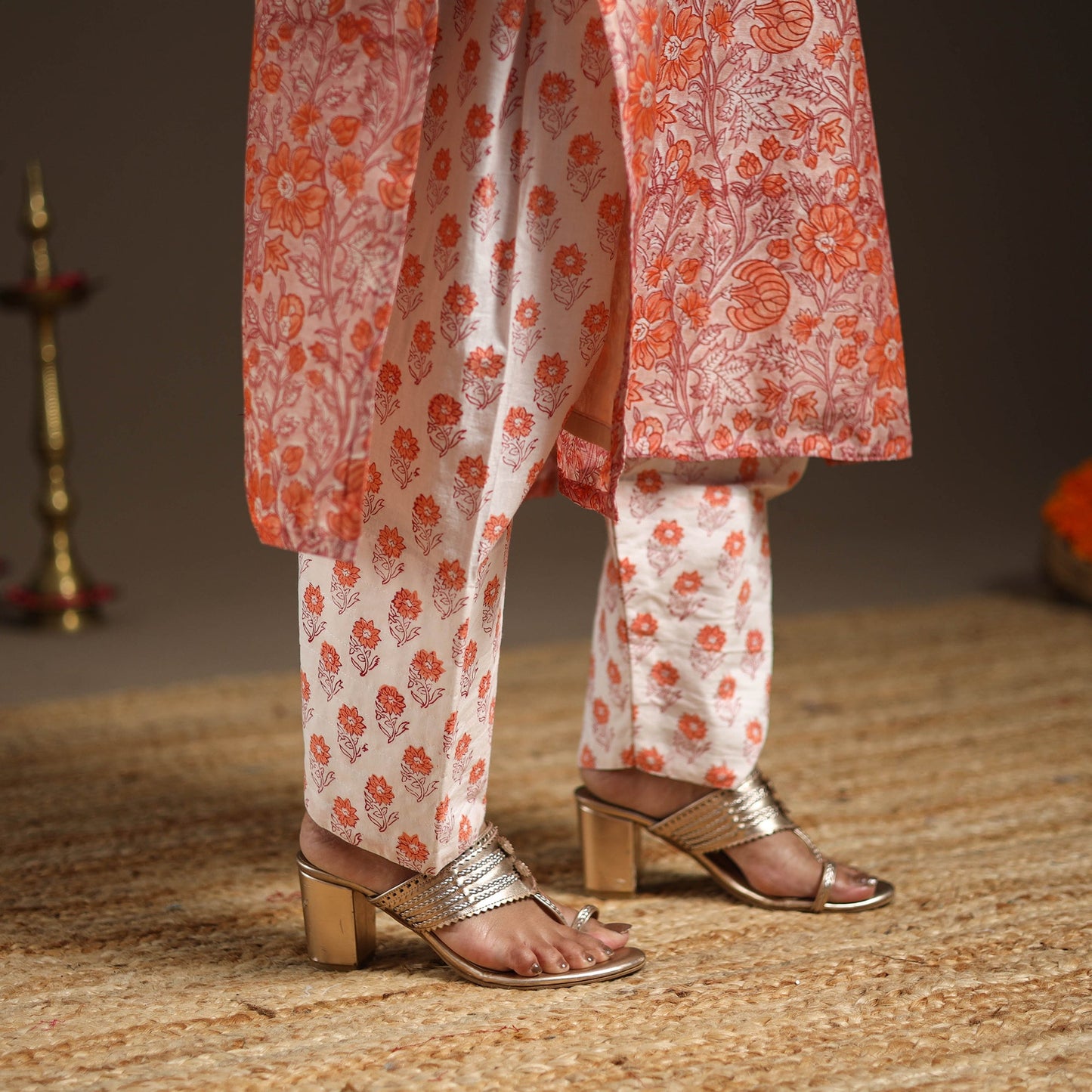 Peach - chanderi silk sanganeri kurta set (set of 3) 18