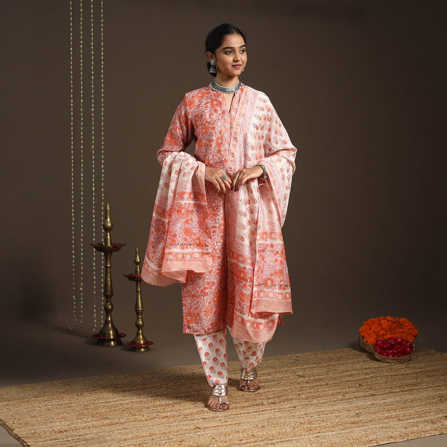 Peach - chanderi silk sanganeri kurta set (set of 3) 18