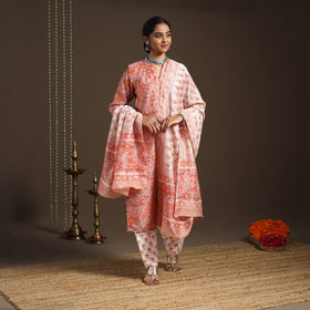 Peach - chanderi silk sanganeri kurta set (set of 3) 18