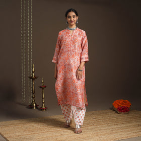Peach - chanderi silk sanganeri kurta set (set of 3) 18