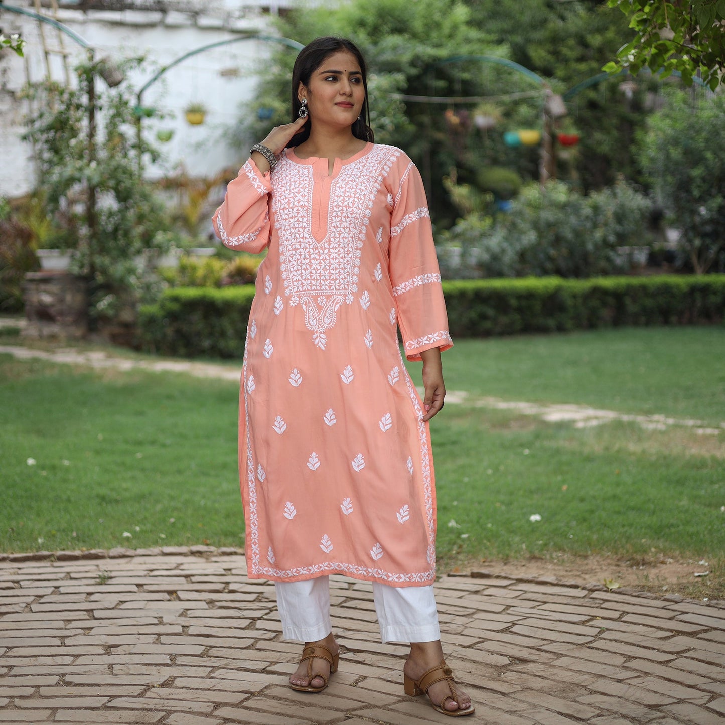 Chikankari Hand Embroidered Rayon Cotton Long Kurta for Women