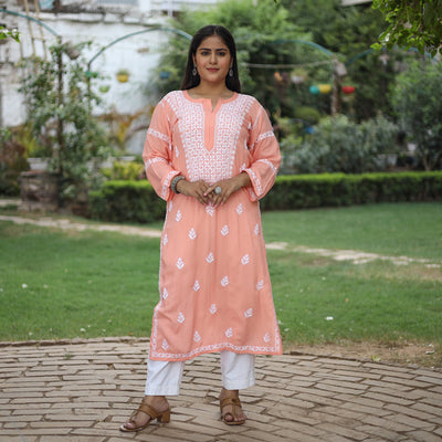 Chikankari Hand Embroidered Rayon Cotton Long Kurta for Women