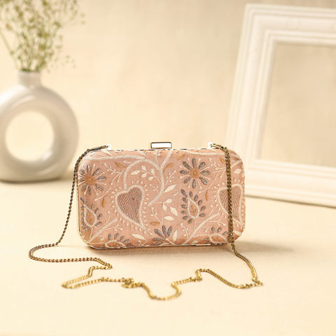 Peach Chikankari Hand Embroidered Tussar Silk Clutch/Sling Bag