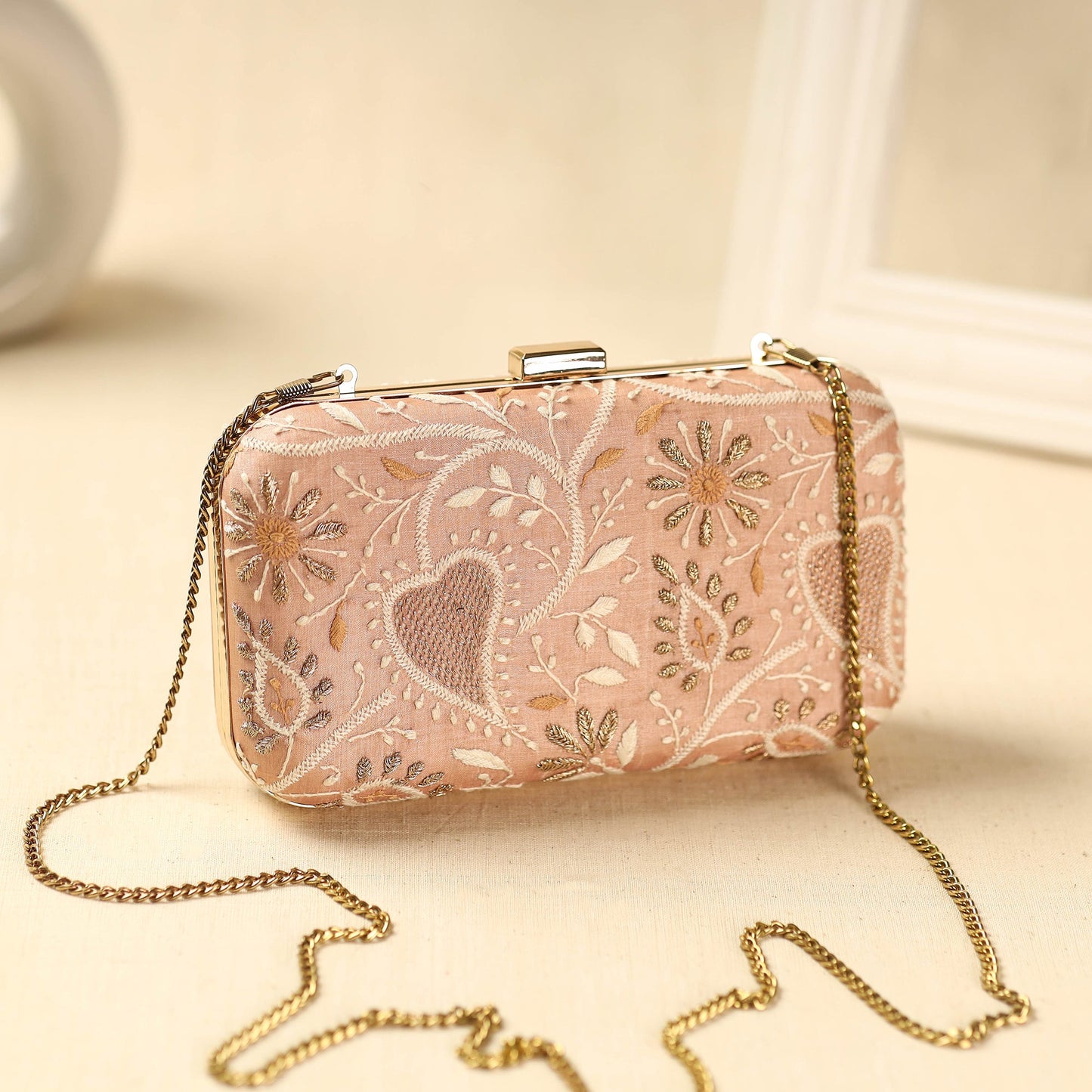 Peach Chikankari Hand Embroidered Tussar Silk Clutch/Sling Bag