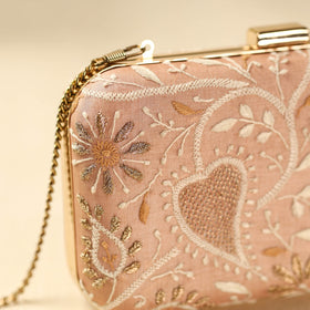 Peach Chikankari Hand Embroidered Tussar Silk Clutch/Sling Bag