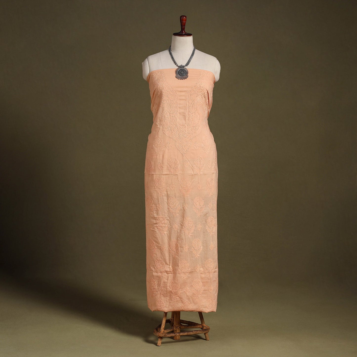 Peach Chikankari Hand Embroidery Mul Cotton Kurta Material