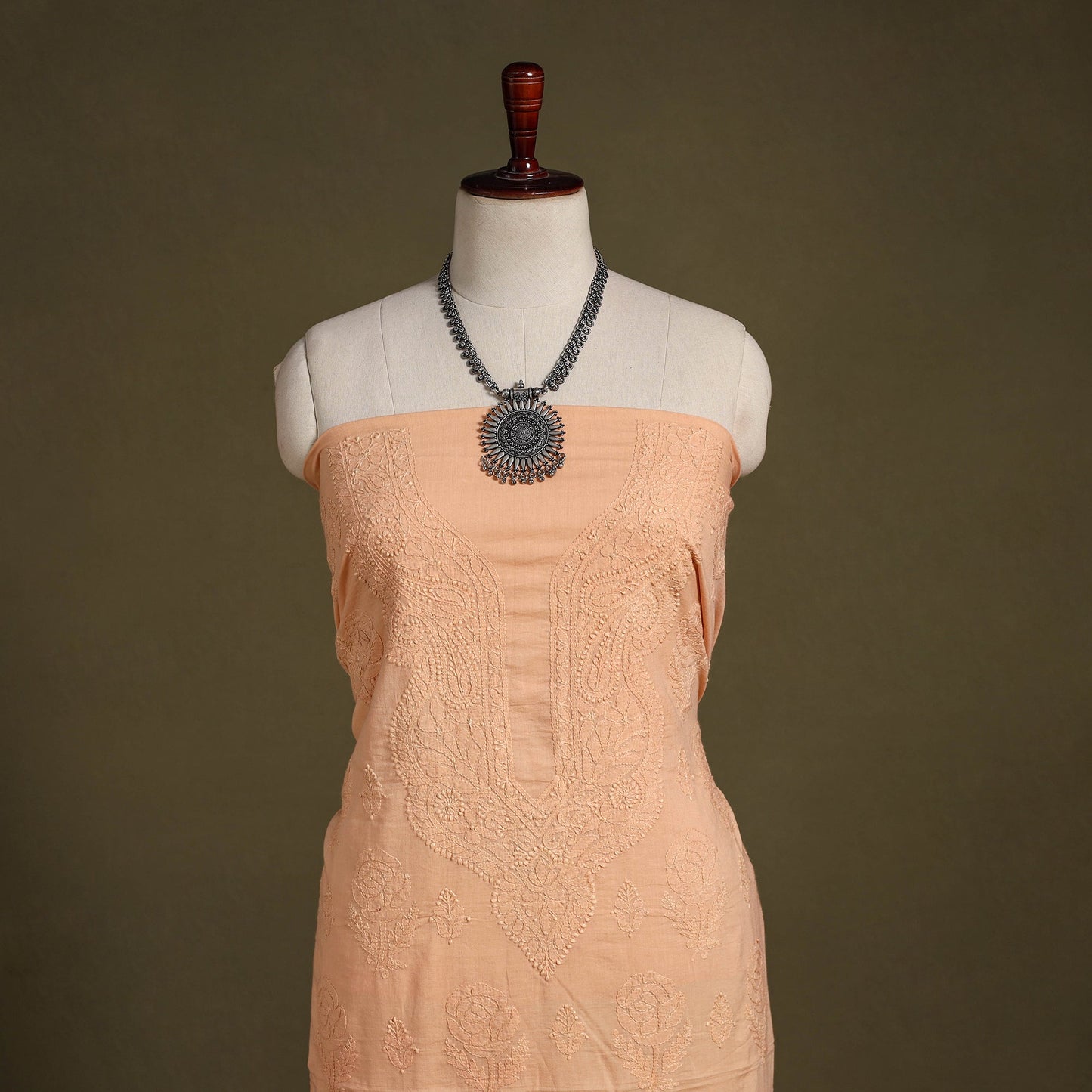 Peach Chikankari Hand Embroidery Mul Cotton Kurta Material