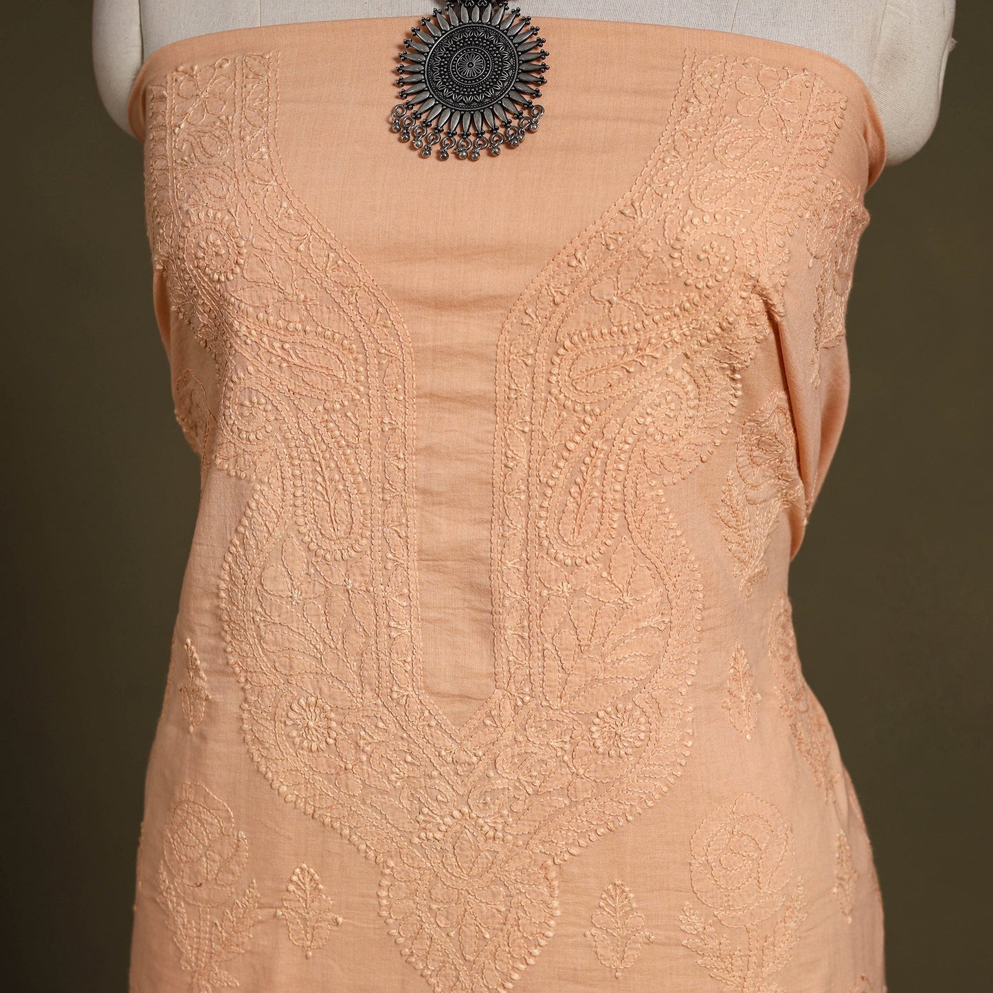 Peach Chikankari Hand Embroidery Mul Cotton Kurta Material