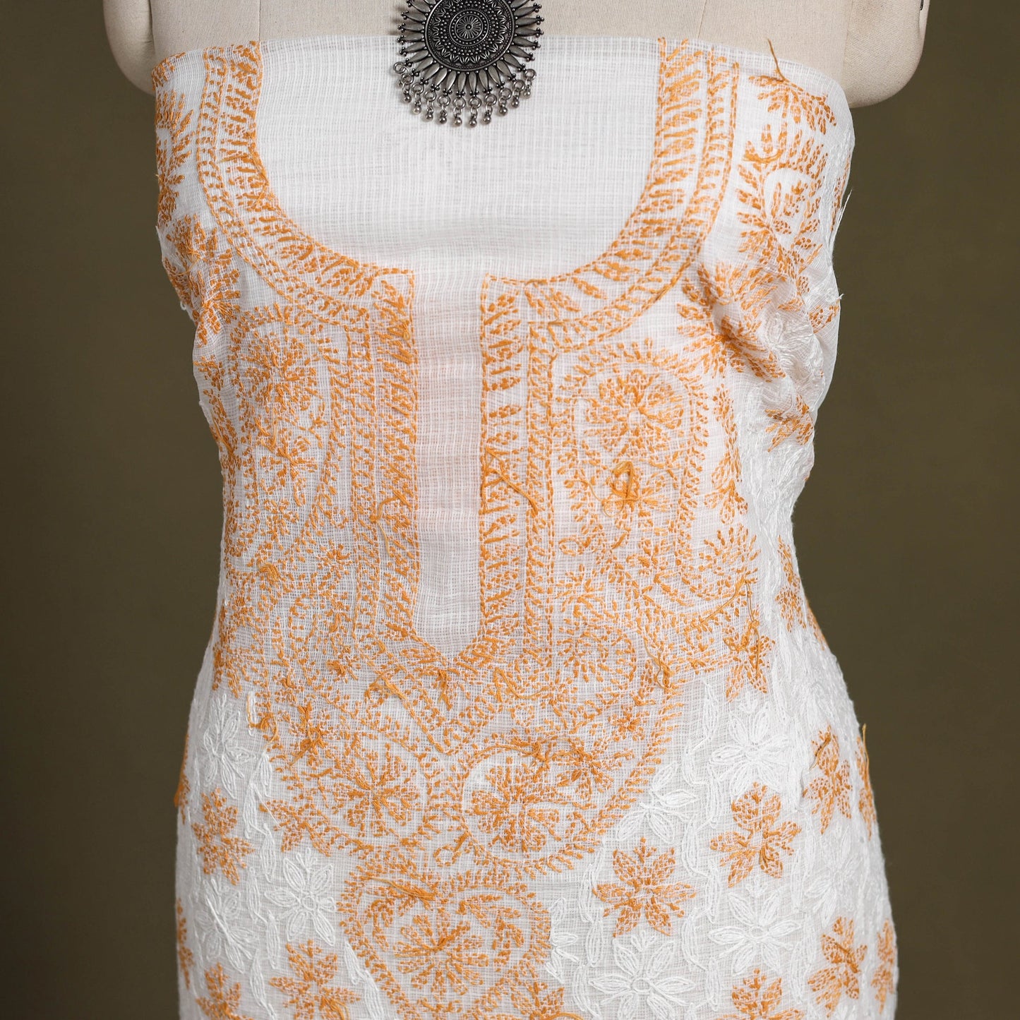 Peach Chikankari Tepchi Hand Embroidery Kota Cotton Kurta Material