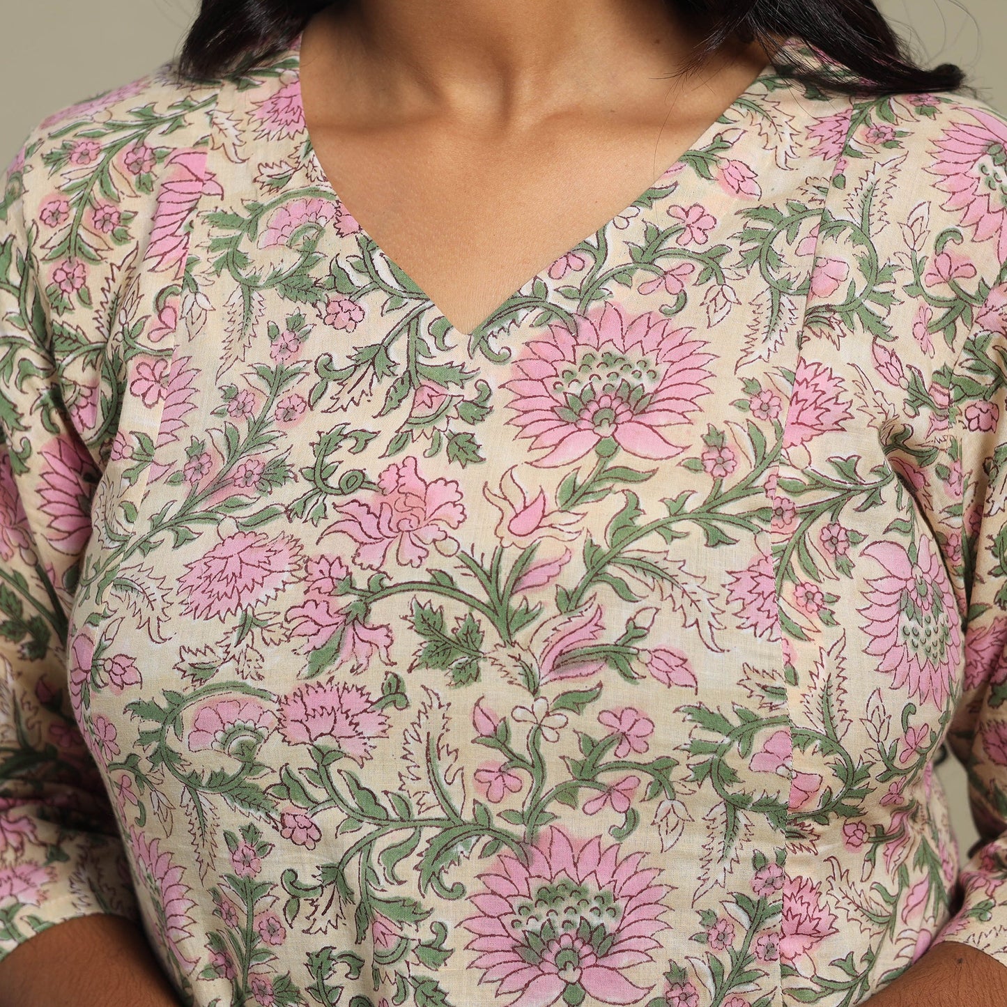 Peach Block Print Cotton A-Line Sanganeri Kurta