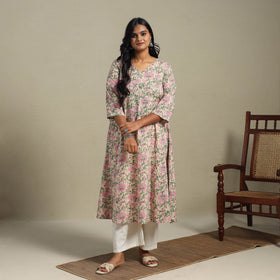 Peach Block Print Cotton A-Line Sanganeri Kurta