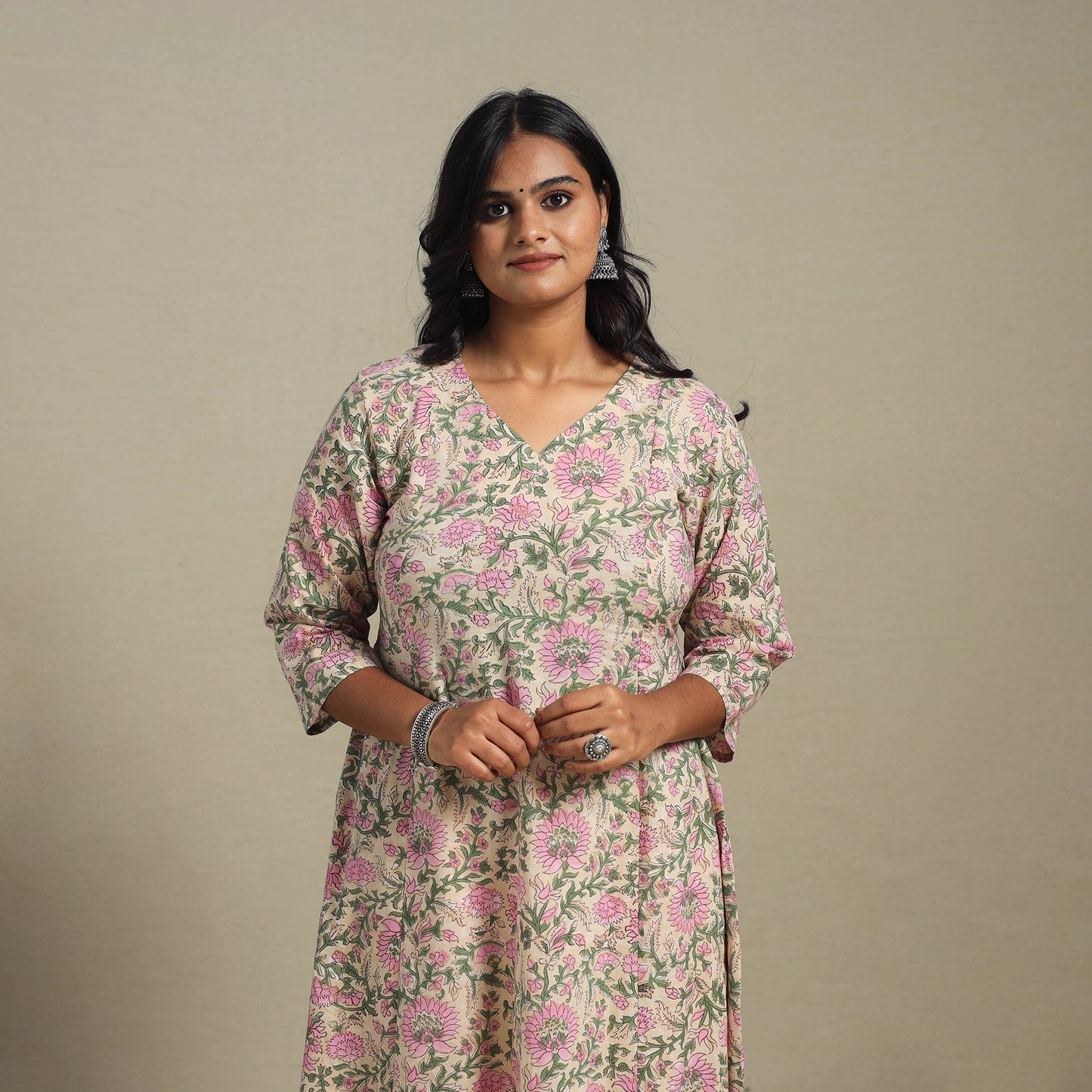 Peach Block Print Cotton A-Line Sanganeri Kurta
