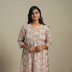 Peach Block Print Cotton A-Line Sanganeri Kurta