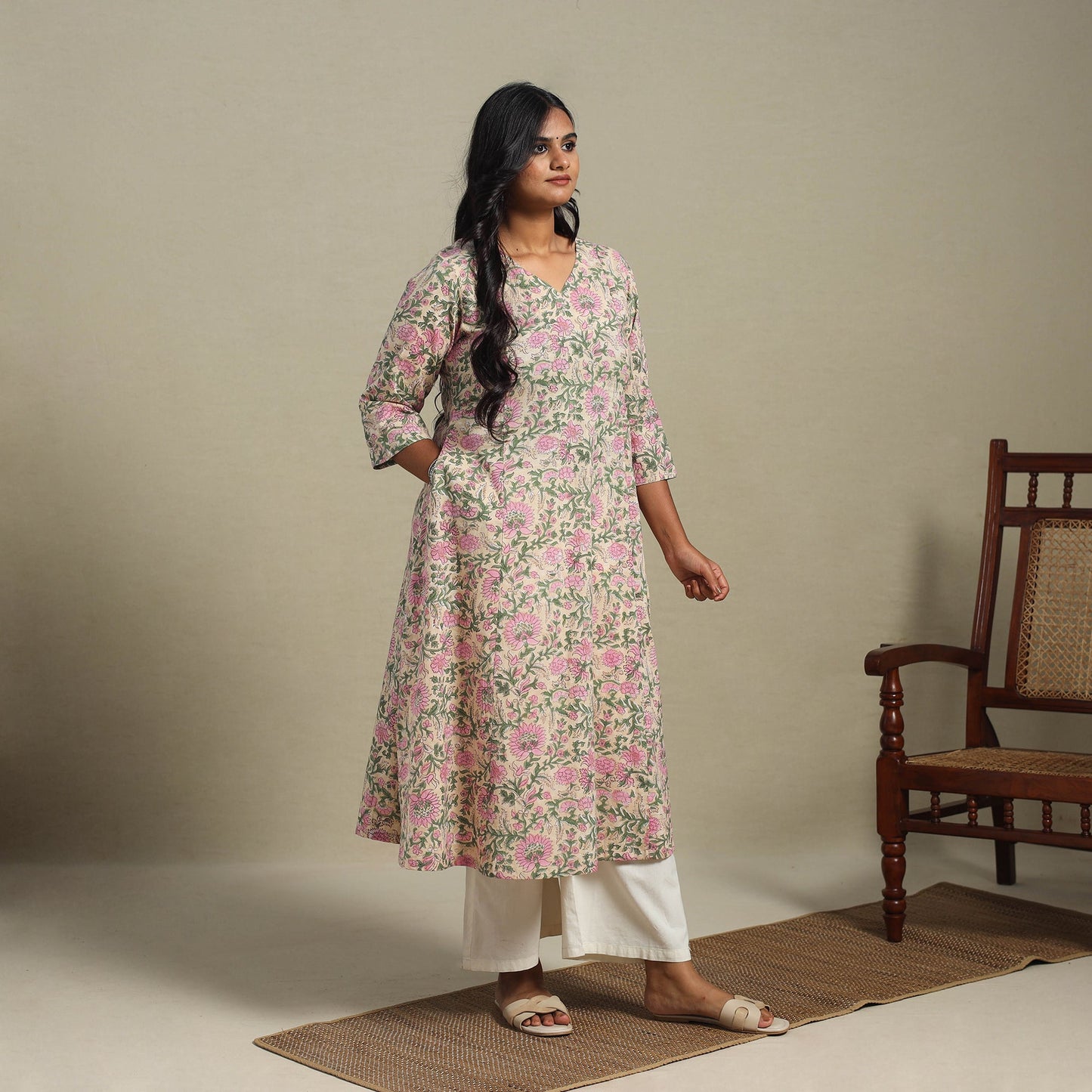 Peach Block Print Cotton A-Line Sanganeri Kurta