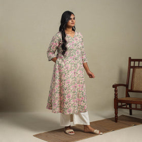 Peach Block Print Cotton A-Line Sanganeri Kurta