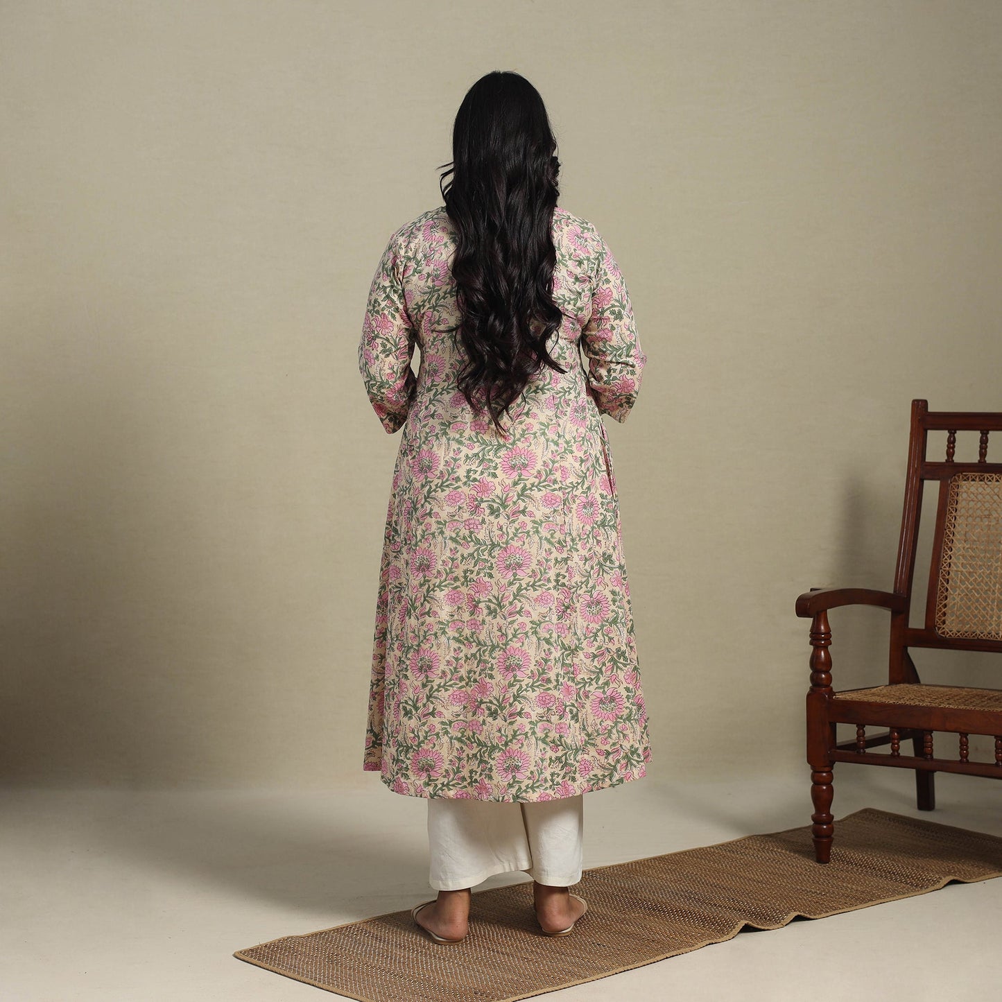 Peach Block Print Cotton A-Line Sanganeri Kurta