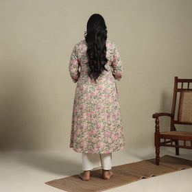 Peach Block Print Cotton A-Line Sanganeri Kurta