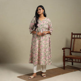 Peach Block Print Cotton A-Line Sanganeri Kurta