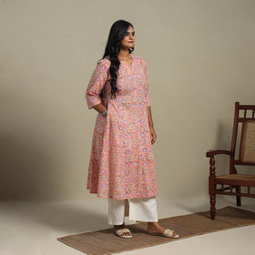 Peach Block Print Cotton A-Line Sanganeri Kurta